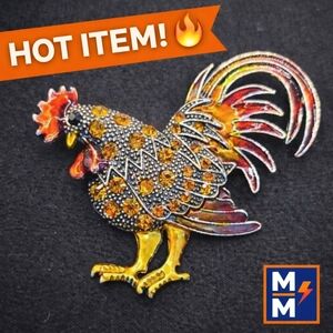 Vintage InspiredRhinestone Rooster Brooch Pin Gold Tone Statement Farmhouse Chic